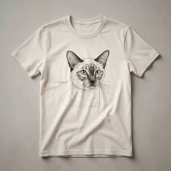 A black and white pencil sketch of a Siamese cat's face, showing its large ears, expressive eyes, and delicate whiskers, printed on a t-shirt.