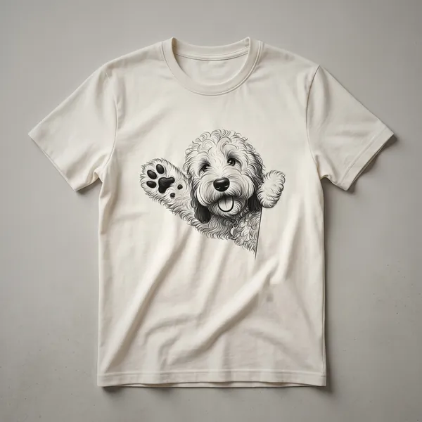 White t-shirt with a cartoon illustration of a Whoodle dog peeking over the bottom edge, with its head and front paws visible.