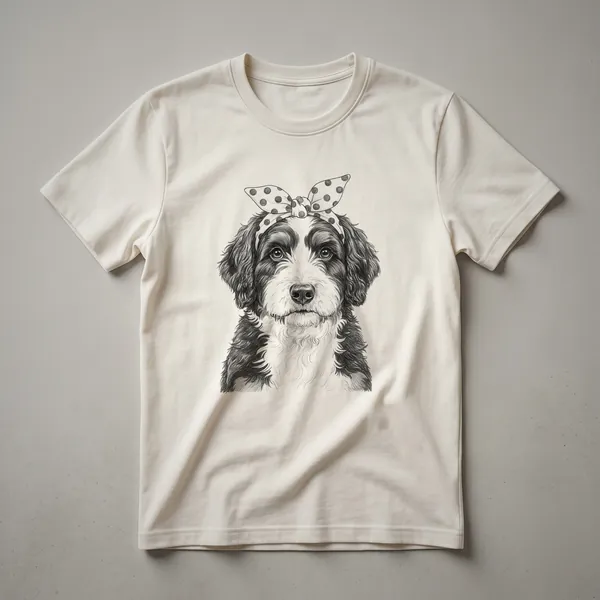 White graphic t-shirt featuring a stylized Bernedoodle dog face with the text 'Bernedoodle Mom' above it.