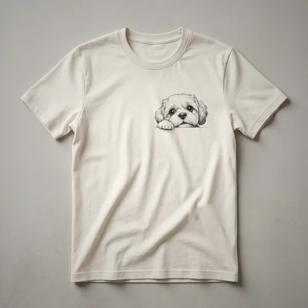 White t-shirt with a graphic of a Cavachon dog peeking from the bottom edge, showing its face and front paws.