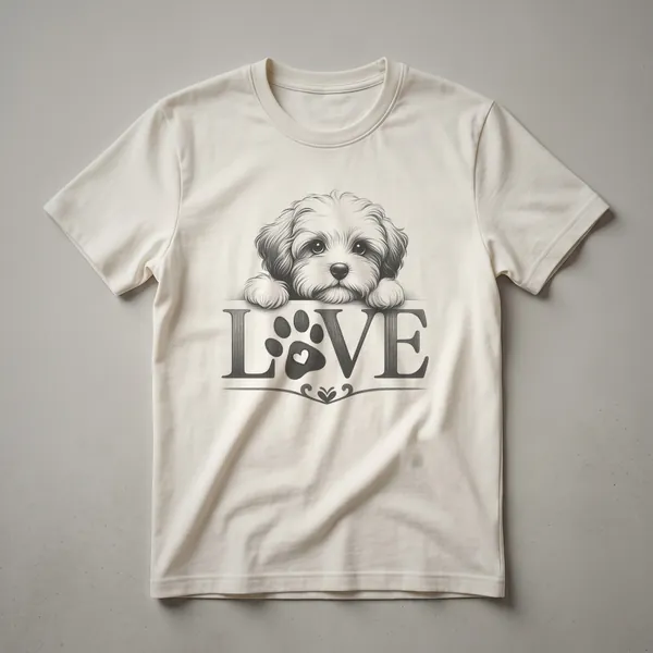 White graphic t-shirt featuring a black dog paw print with a red heart inside, symbolizing love for Cavachon dogs.