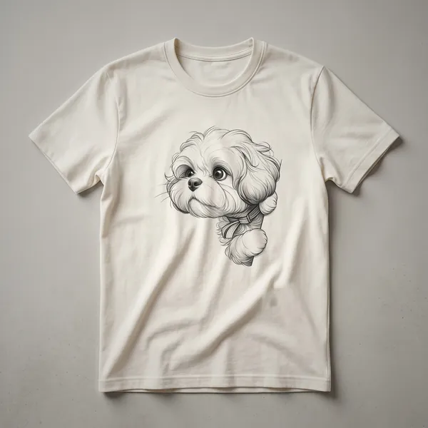 White t-shirt with a cartoon illustration of a Cavachon dog peeking over the bottom edge, with its head and front paws visible.
