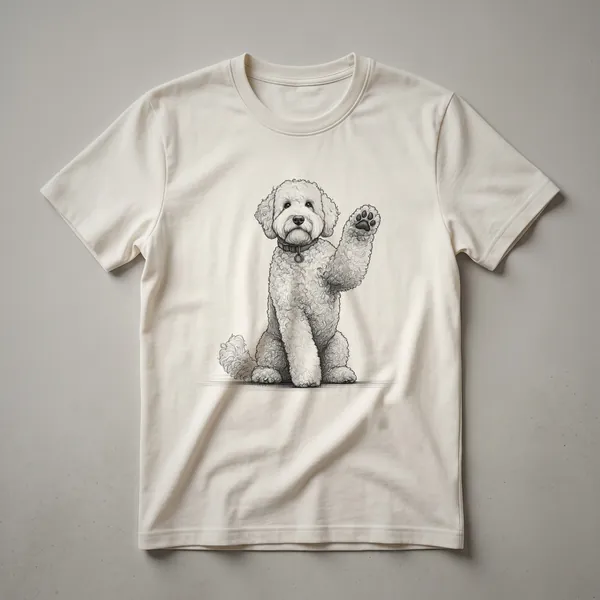 A graphic t-shirt featuring a Whoodle dog with its paw raised in a playful gesture, designed for dog lovers.