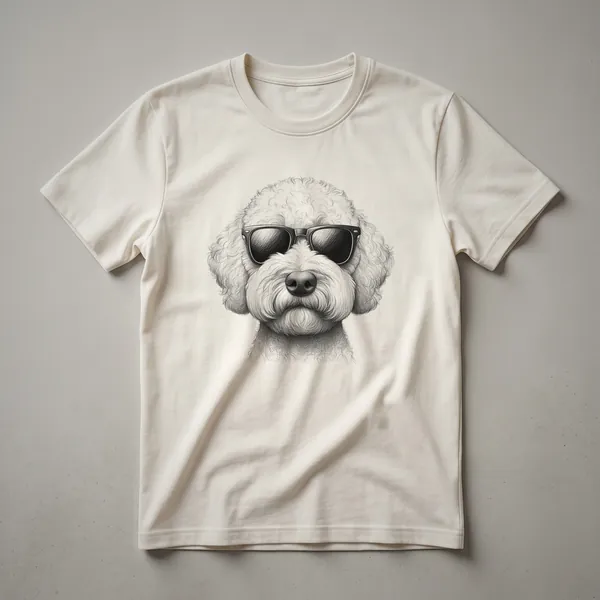 A graphic t-shirt design featuring a Whoodle dog wearing dark sunglasses, with the text 'Whoodle Dad' above it.