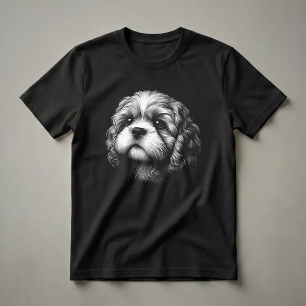 Black and white scratchboard art illustration of a Cavachon dog's face, featuring detailed fur texture and expressive eyes, on a black t-shirt.