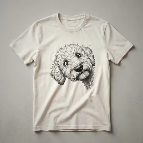 A graphic t-shirt featuring a black and white Whoodle dog peeking over the bottom edge of the design.
