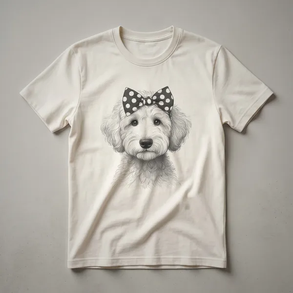 White and black graphic of a Whoodle dog's face with the words 'Whoodle Mom' on a black t-shirt.