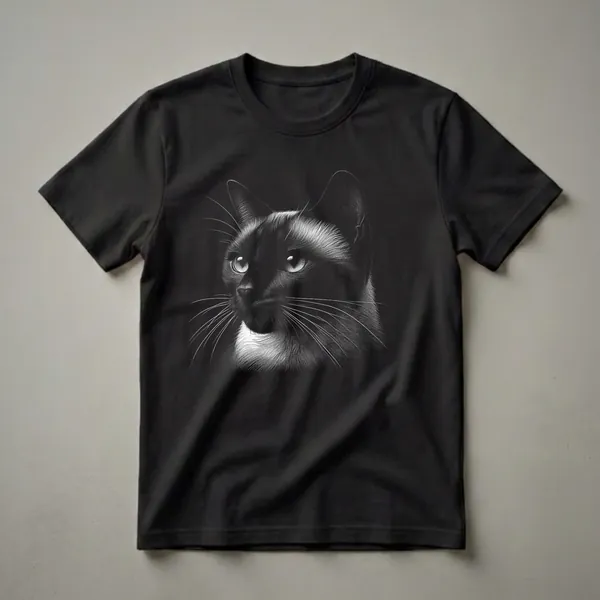 Black and white scratchboard art t-shirt featuring the detailed face of a Siamese cat with striking blue eyes and prominent whiskers against a black background.