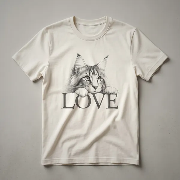 Black graphic t-shirt with a stylized illustration of a Maine Coon cat's face and a heart symbol in white and red.