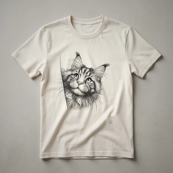 White graphic t-shirt featuring a cute Maine Coon cat peeking from the bottom edge, showing its face and paws.