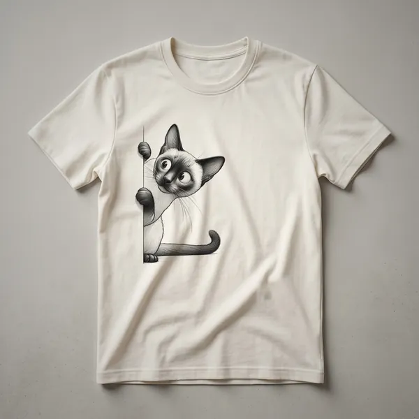 White graphic t-shirt featuring a Siamese cat peeking out from behind a retro-style sun graphic with orange and yellow rays.