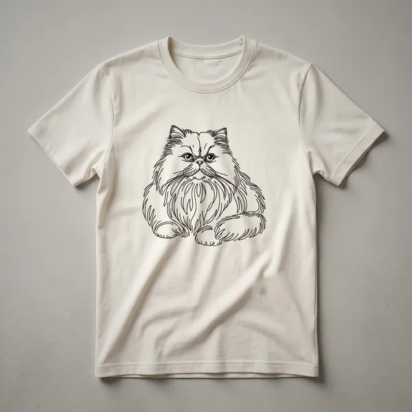 Black t-shirt featuring a white minimalist line art drawing of a Persian cat's face with flowing fur details.
