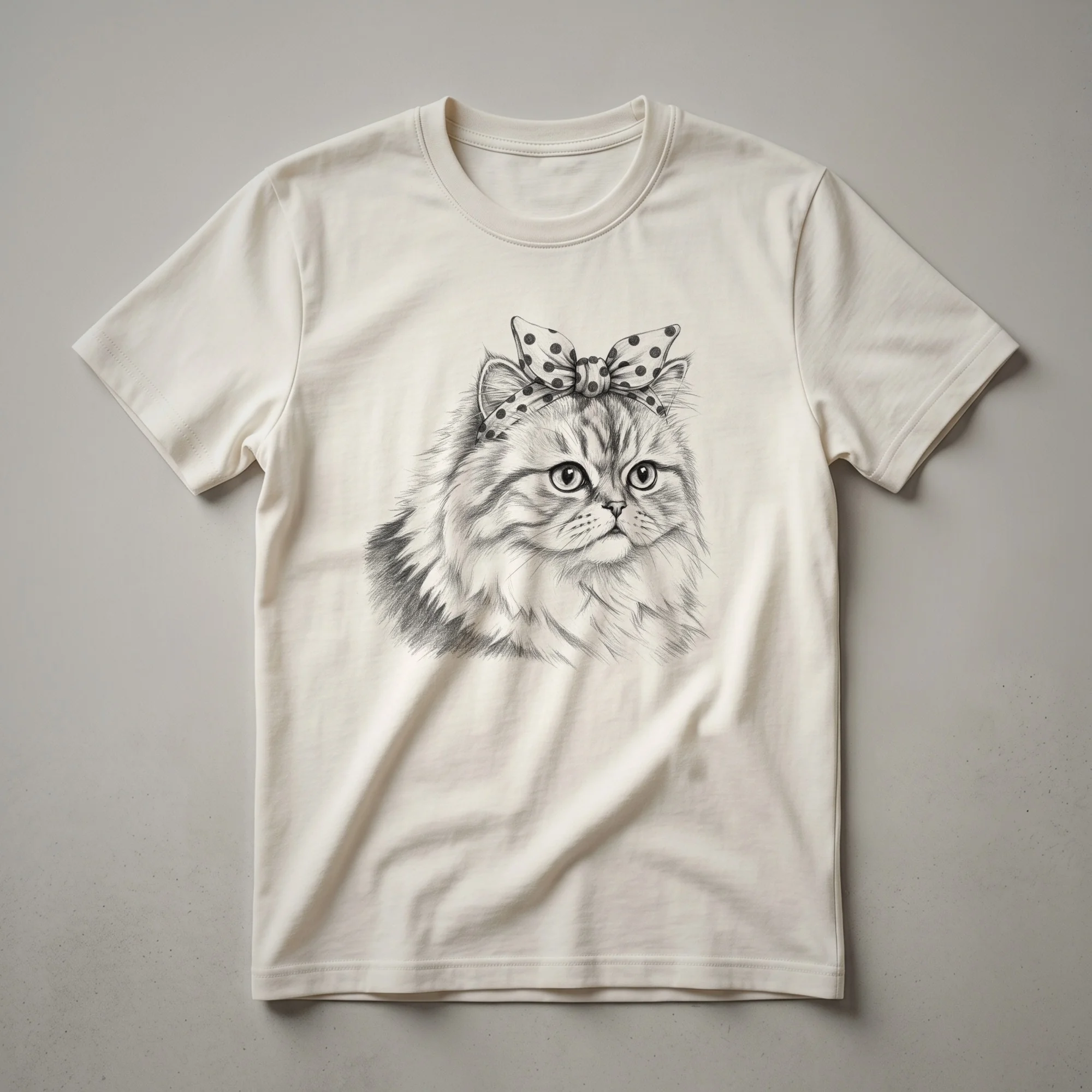White graphic t-shirt featuring a black and white illustration of a Persian cat's face with the words 'Cat Mom' below.
