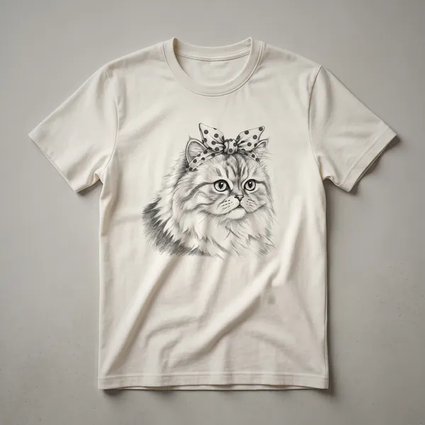 White graphic t-shirt featuring a black and white illustration of a Persian cat's face with the words 'Cat Mom' below.