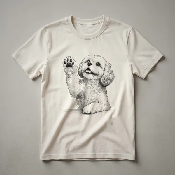 White graphic t-shirt featuring a black and white illustration of a Cavachon dog's paw raised in a playful gesture.