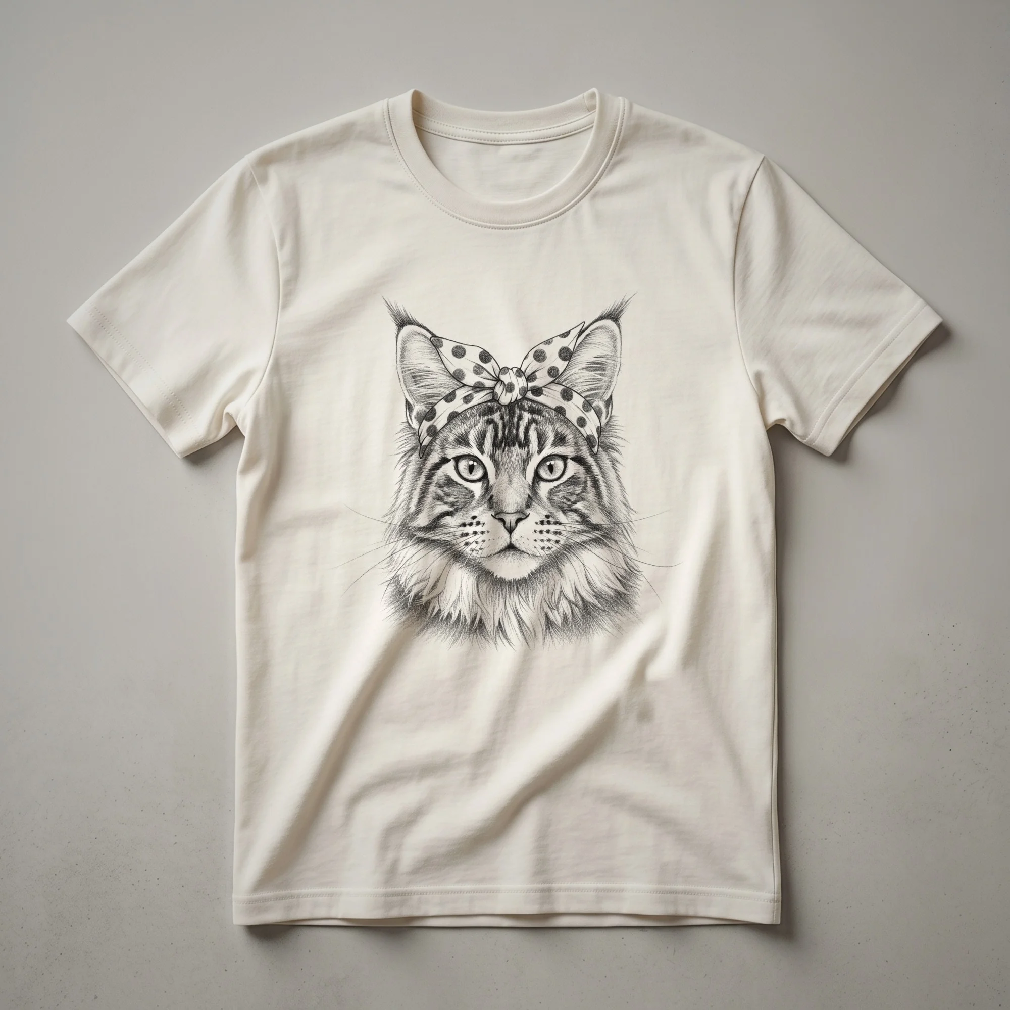White graphic t-shirt featuring a black and white illustration of a Maine Coon cat's face with the words 'Cat Mom' printed below.