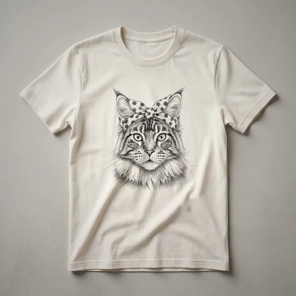 White graphic t-shirt featuring a black and white illustration of a Maine Coon cat's face with the words 'Cat Mom' printed below.