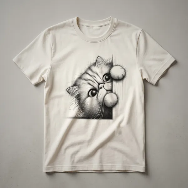 A white t-shirt with a graphic design of a Siamese cat peeking over the bottom edge, showing its face and front paws.