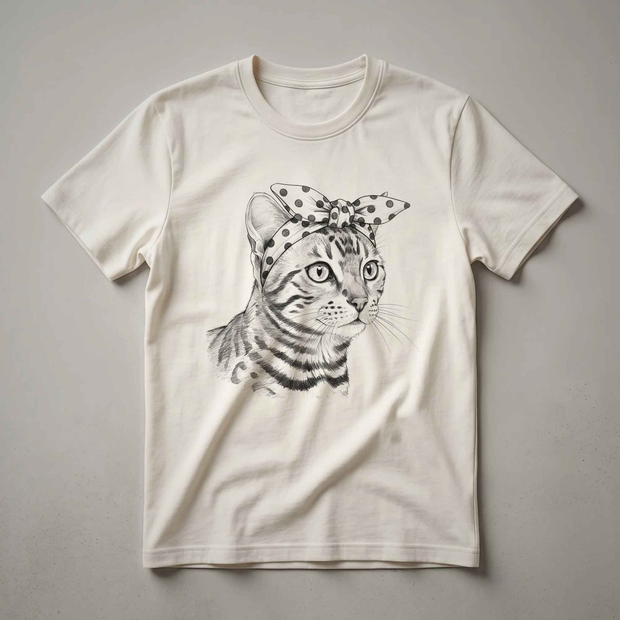 White graphic t-shirt featuring a stylized Bengal cat face with a floral crown design in black and pink.