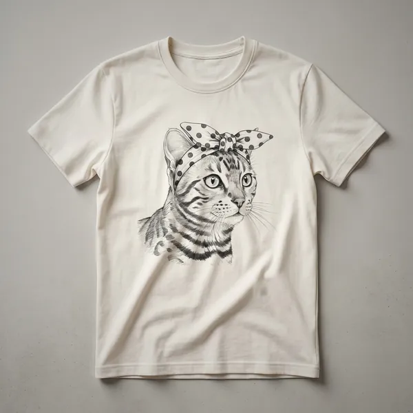 White graphic t-shirt featuring a stylized Bengal cat face with a floral crown design in black and pink.