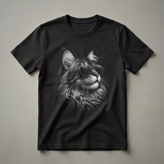 Maine Coon Cat with Sunglasses Retro Sketch Graphic T-Shirt