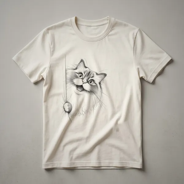 White graphic t-shirt featuring a Ragdoll cat peeking over a retro border with a vintage color palette.