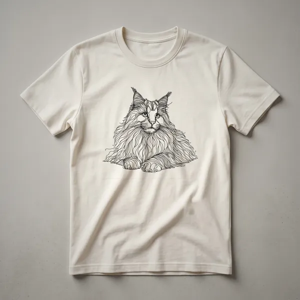 A white graphic t-shirt featuring a black line art drawing of a Maine Coon cat's face, highlighting its fluffy mane and serene expression.