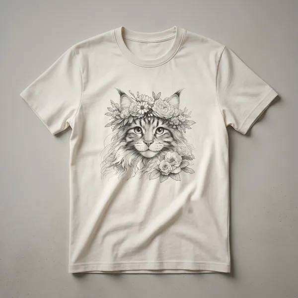 White graphic t-shirt featuring a stylized Maine Coon cat face surrounded by colorful flowers and leaves, with the text 'Floral Maine Coon Cat Flower Memorial Design' below.