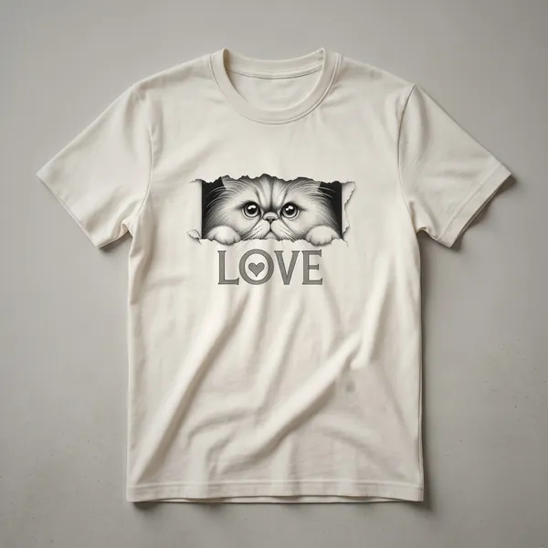 Black graphic t-shirt featuring a stylized Persian cat face with a heart and paw print.
