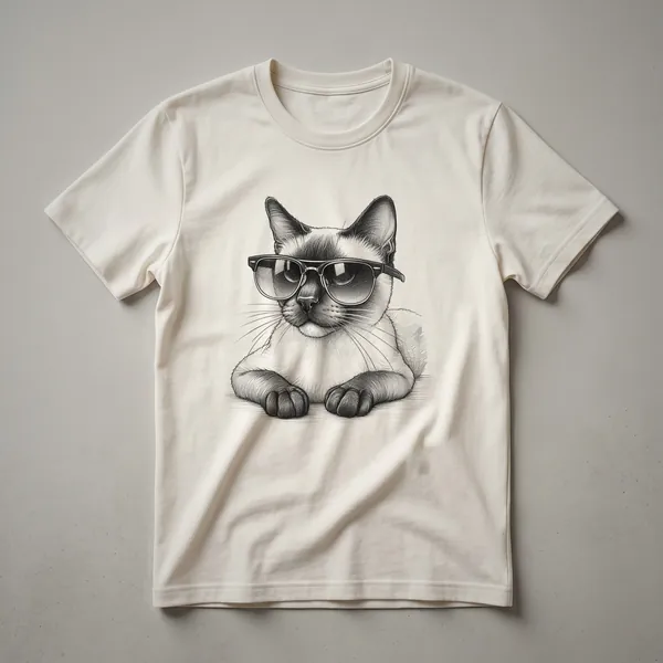 Black t-shirt with a graphic of a Siamese cat wearing dark sunglasses, with the text 'Siamese Cat Dad' below.