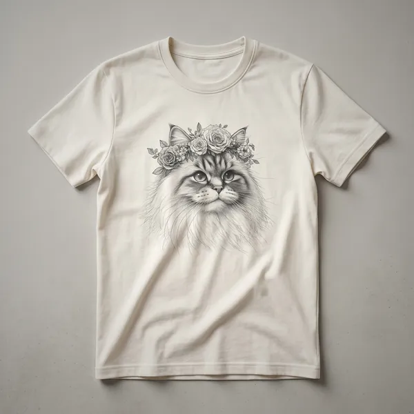White t-shirt featuring a graphic of a Ragdoll cat's face with blue eyes, surrounded by a colorful arrangement of flowers.
