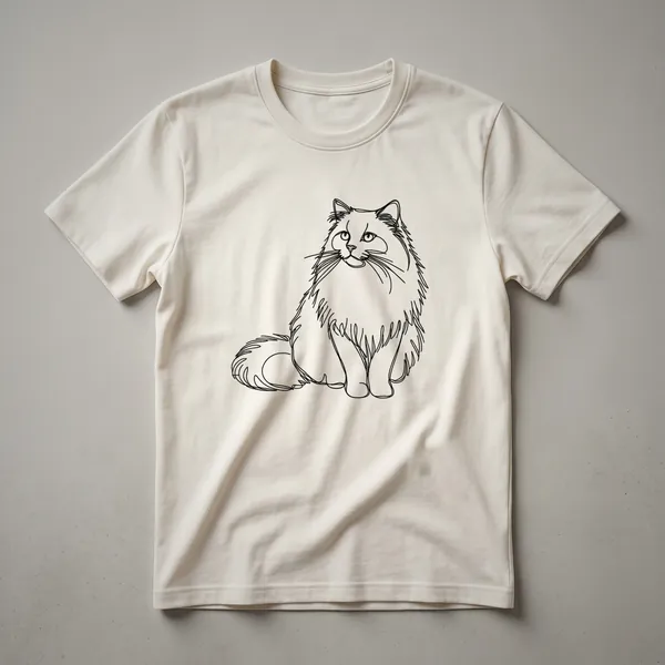 Black minimalist line art drawing of a Ragdoll cat's face with blue eyes, centered on a white t-shirt.