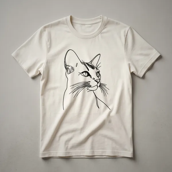 Black t-shirt with a minimalist white line art drawing of an Abyssinian cat's head, focusing on its ears and facial outline.