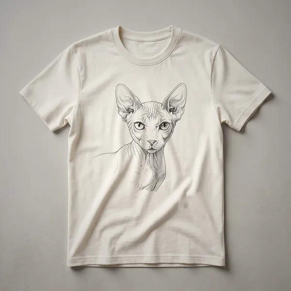 A white t-shirt featuring a black line art graphic of a Sphynx cat's face, with minimalist details.