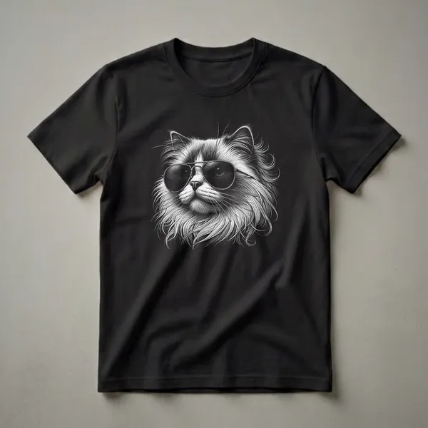 Black and white graphic t-shirt featuring a detailed sketch of a Ragdoll cat wearing black aviator sunglasses.