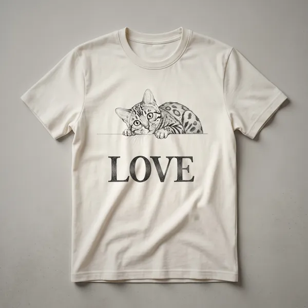 White graphic t-shirt featuring a black and brown spotted Bengal cat face illustration inside a red heart shape.