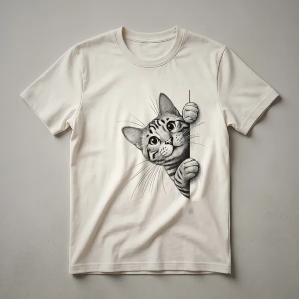 White t-shirt with a graphic of a Bengal cat peeking from behind a retro-style sun with orange and yellow rays.