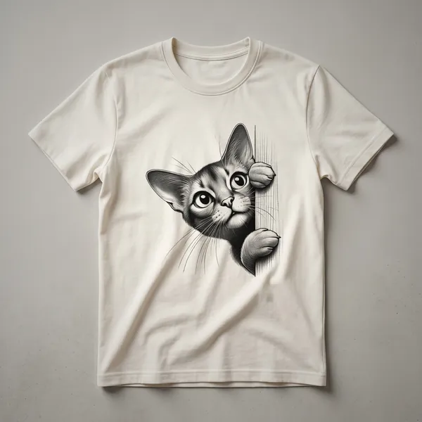 A white graphic t-shirt featuring a black and tan Abyssinian cat peeking from the right side of the design.