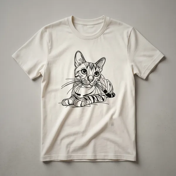 A black t-shirt featuring a minimalist line art drawing of a Bengal cat's face in white.