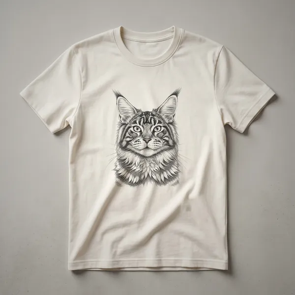White t-shirt featuring a graphic of a Maine Coon cat's face wearing a floral crown, with the cat's name 'Maine Coon' in stylized text below.