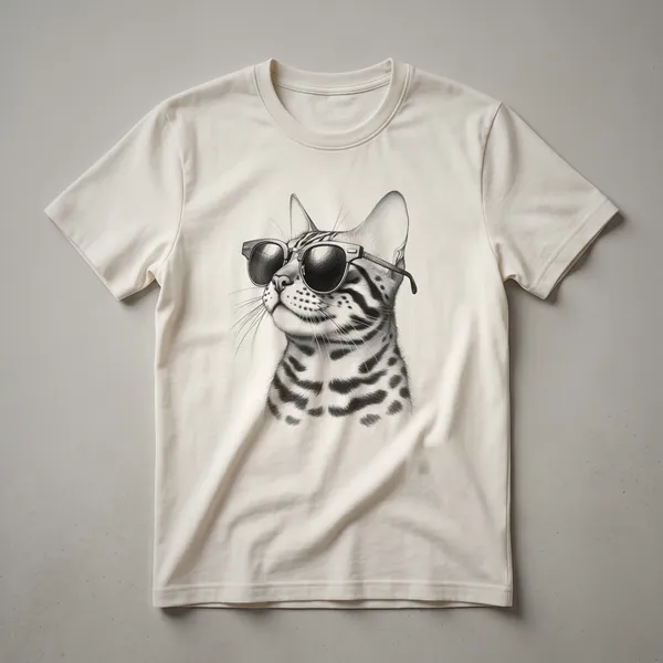 Black graphic t-shirt featuring a Bengal cat wearing sunglasses, with the text 'Bengal Cat Dad' above it.