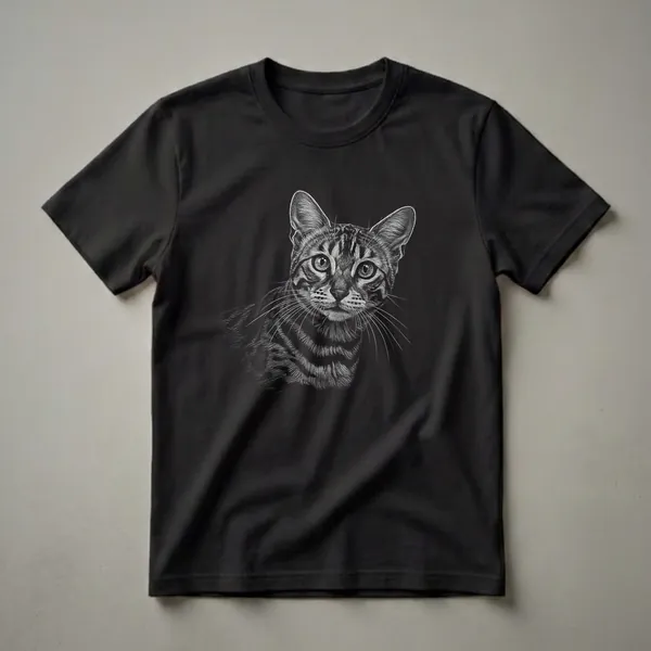 Black t-shirt with a scratchboard white linework portrait of a Bengal cat showing spotted markings, alert eyes, and prominent whiskers.