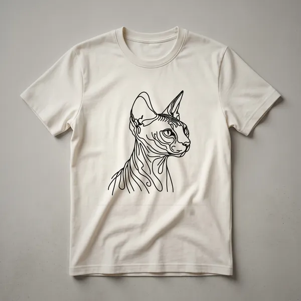 White t-shirt featuring a black minimalist line art drawing of a Sphynx cat's face, highlighting its distinctive features.
