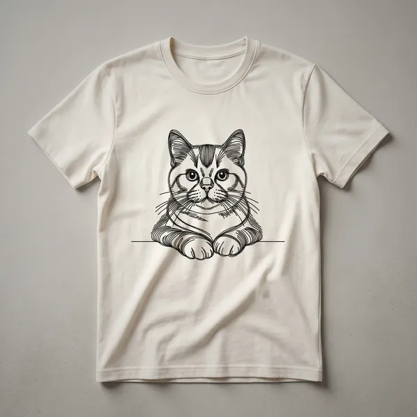 A white t-shirt featuring a black line art drawing of an American Shorthair cat's face, showcasing its round eyes and muzzle.