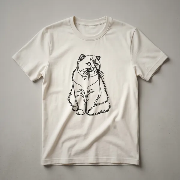 White line art drawing of a Scottish Fold cat's face on a black t-shirt, highlighting its folded ears and gentle expression.