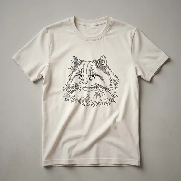 A white t-shirt featuring a black line art drawing of a Siberian cat's face, with simple lines defining its features and whiskers.
