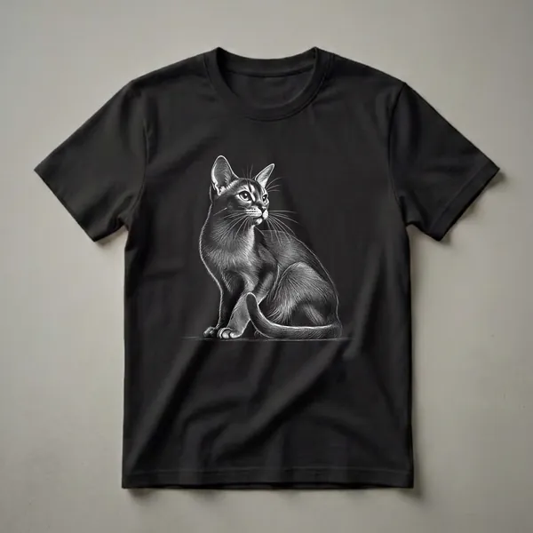 Black t-shirt with a white scratchboard art illustration of an Abyssinian cat sitting and looking to the side, detailed fur and whiskers.
