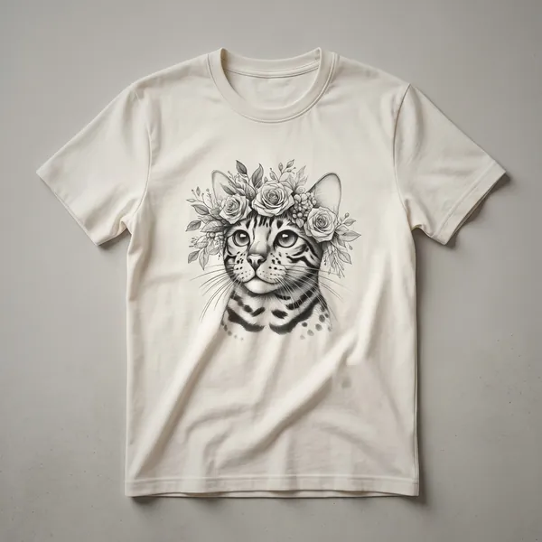 White t-shirt with a graphic design of a Bengal cat's face adorned with colorful flowers, suitable for cat lovers.