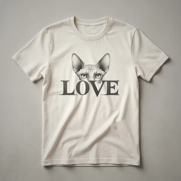 Black t-shirt with a graphic design of a Sphynx cat's face in white, with a red heart symbol.
