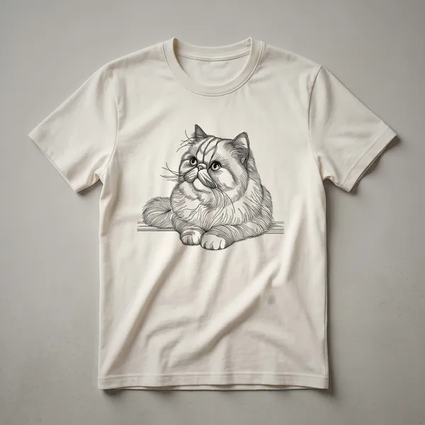 A white graphic t-shirt featuring a black line art drawing of an Exotic Shorthair cat's face, showcasing its flat features and large eyes.